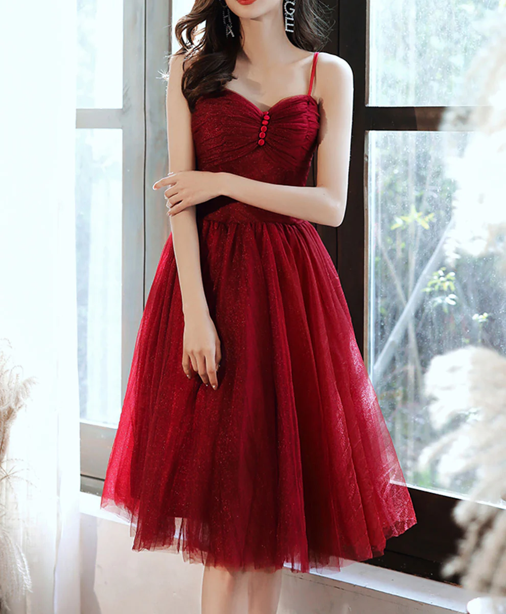 Simple Sweetheart Tulle Short Prom Dress Burgundy Homecoming Dress - Deanwangkt