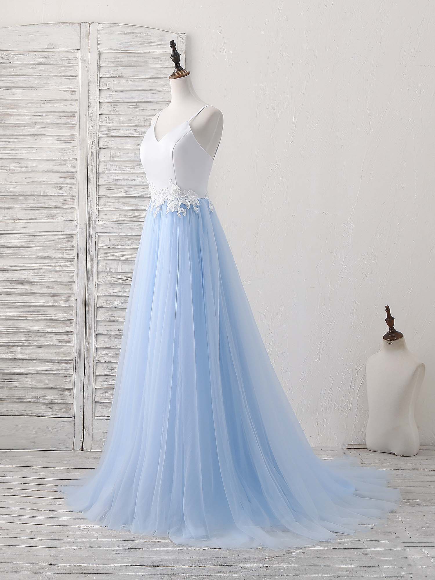 Simple Blue Tulle Long Prom Dress, Blue Tulle Evening Dress - Deanwangkt