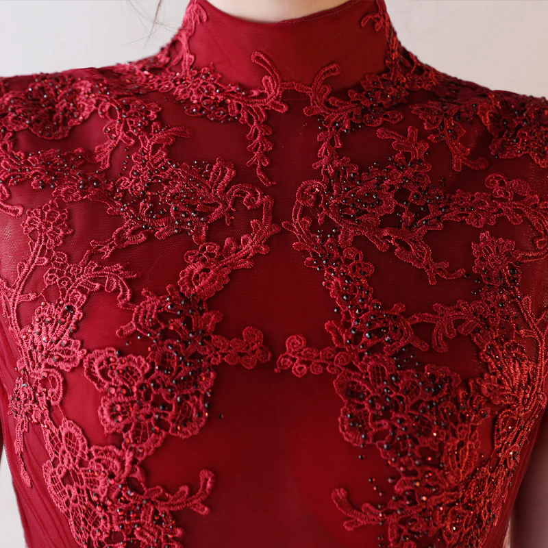 Burgundy Lace Tulle Long Prom Dress, Burgundy Evening Dress - Deanwangkt