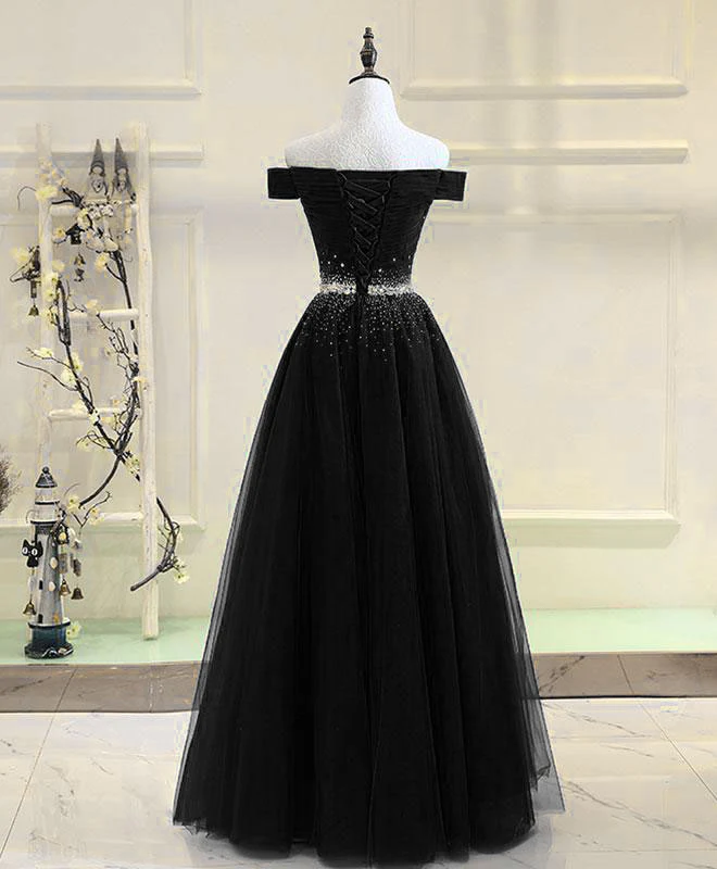 Black Tulle Sequin Long Prom Dress, Black Tulle Evening Dress - Deanwangkt