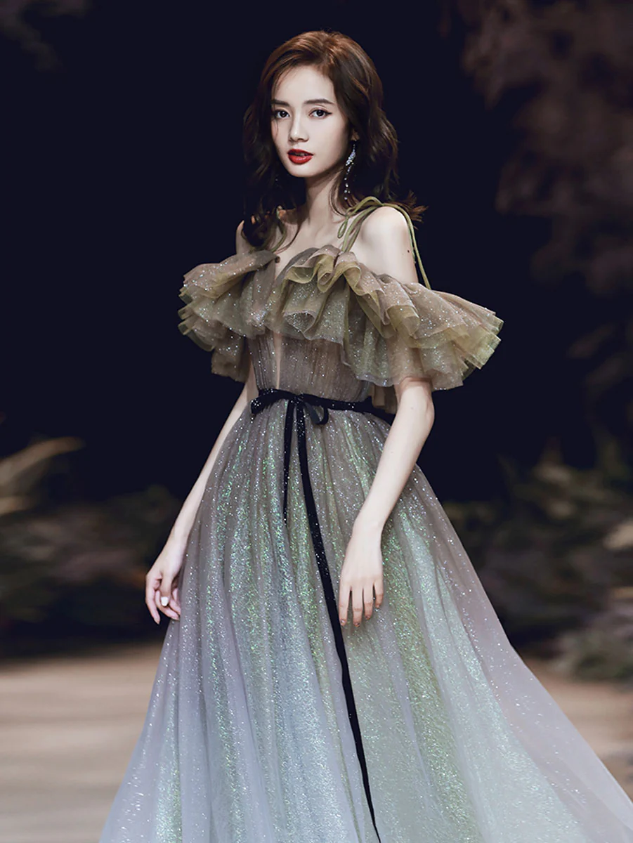 Unique Tulle Off Shoulder Long Prom Dress, Tulle Sequin Evening Dresses - Deanwangkt