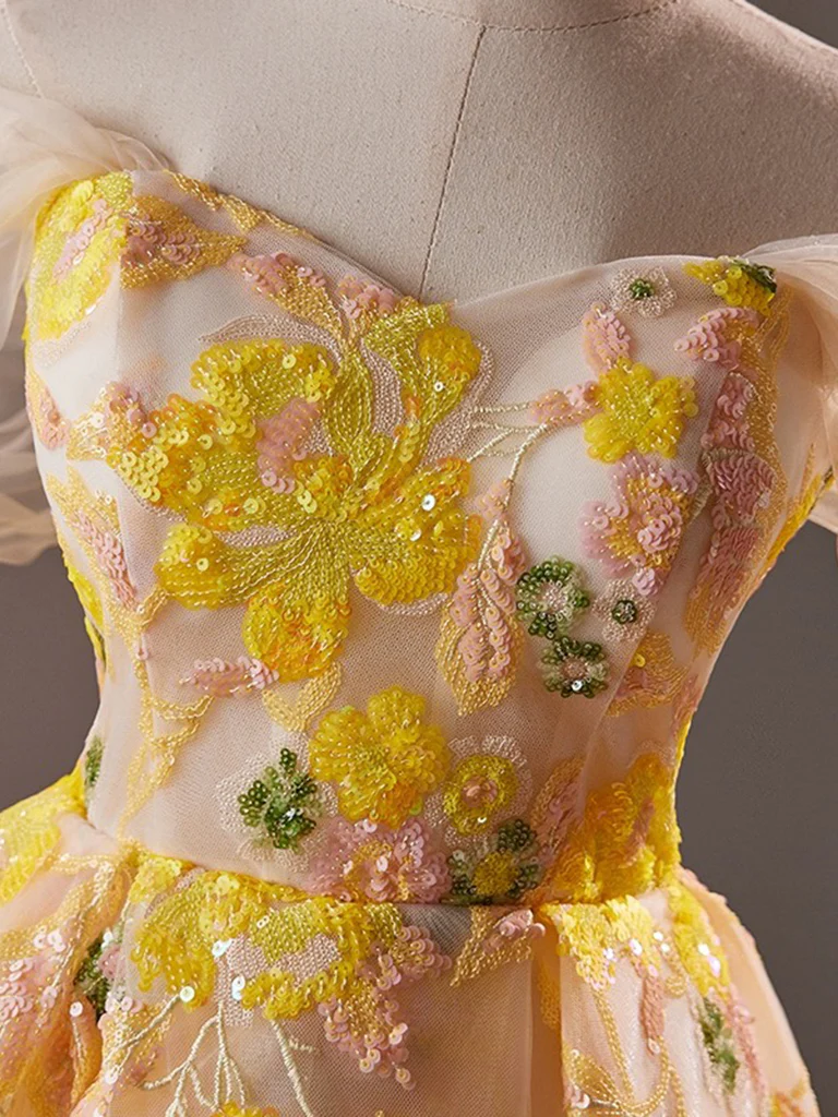 A-Line Off Shoulder Tulle Lace Short Yellow Prom Dress, Yellow Homecoming Dress - Deanwangkt