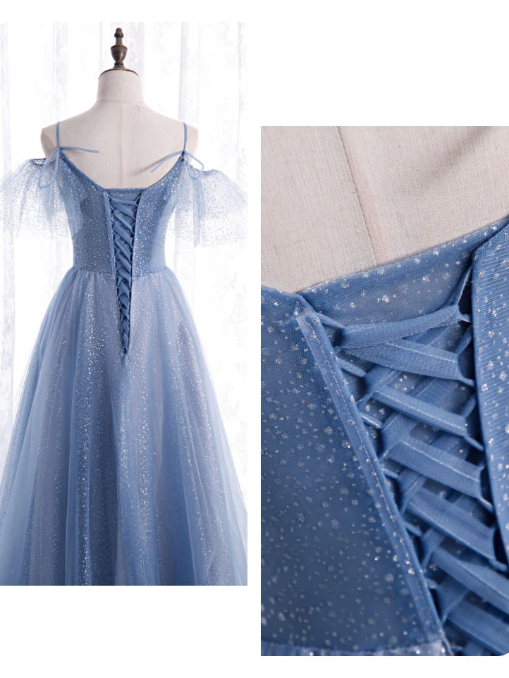 Elegant  A line Tulle Sequin Blue Long Prom Dress, Tulle Blue Formal Evening Dress - Deanwangkt