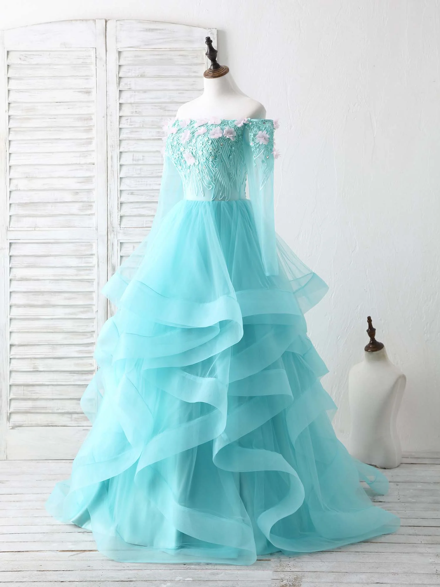 Green Tulle Lace Applique Long Prom Dress Green Graduation Dresses - Deanwangkt