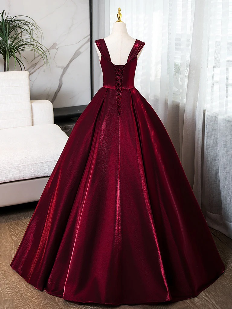A-Line off Shoulder Satin Burgundy Long Prom Dress, Burgundy Evening Dress with Beads - Deanwangkt