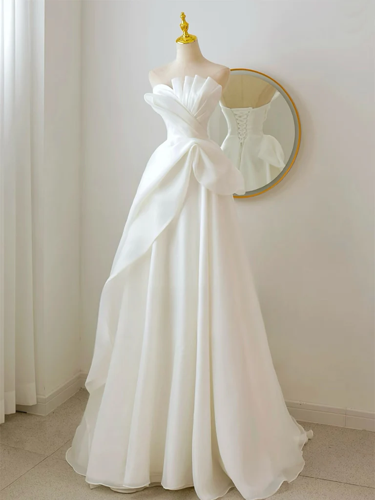 A-line White Organza Long Prom Dress, White Long Formal Dress - Deanwangkt