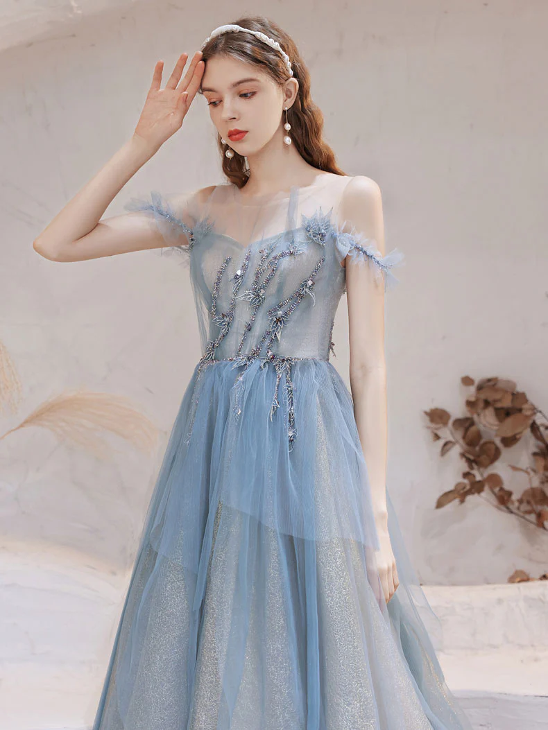 Blue Tulle Off Shoulder Beads Long Prom Dress, Blue Tulle Formal Dress - Deanwangkt