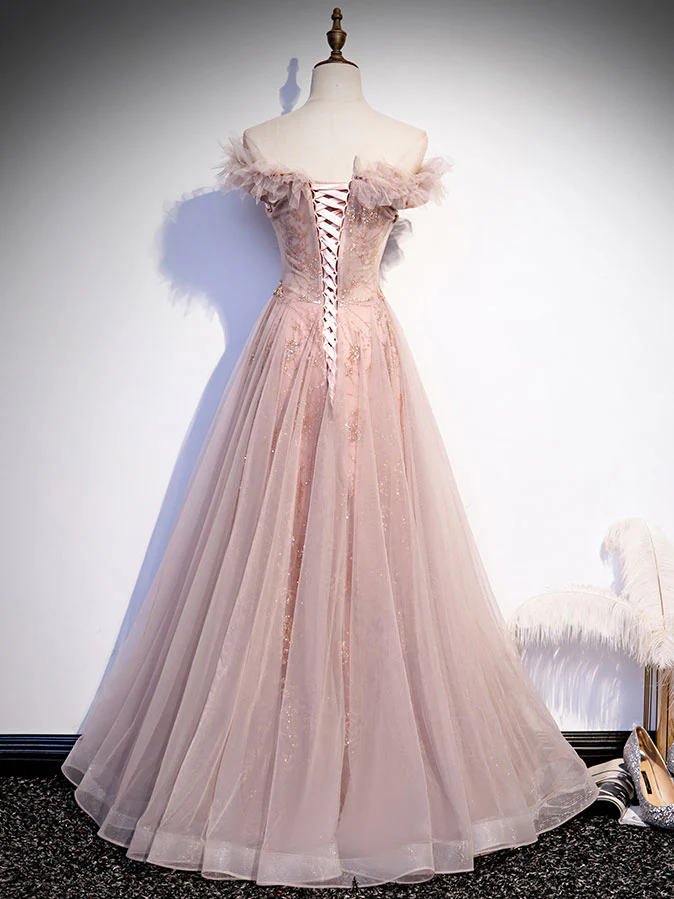 Pink Tulle Long Prom Dress, A line Pink Formal Graduation Dresses - Deanwangkt