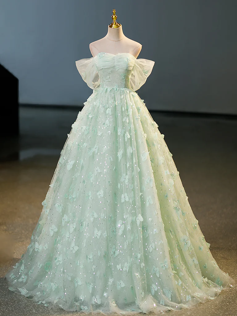 Green Tulle A-Line Lace Long Prom Dress, Green Lace Long Sweet 16 Dress - Deanwangkt