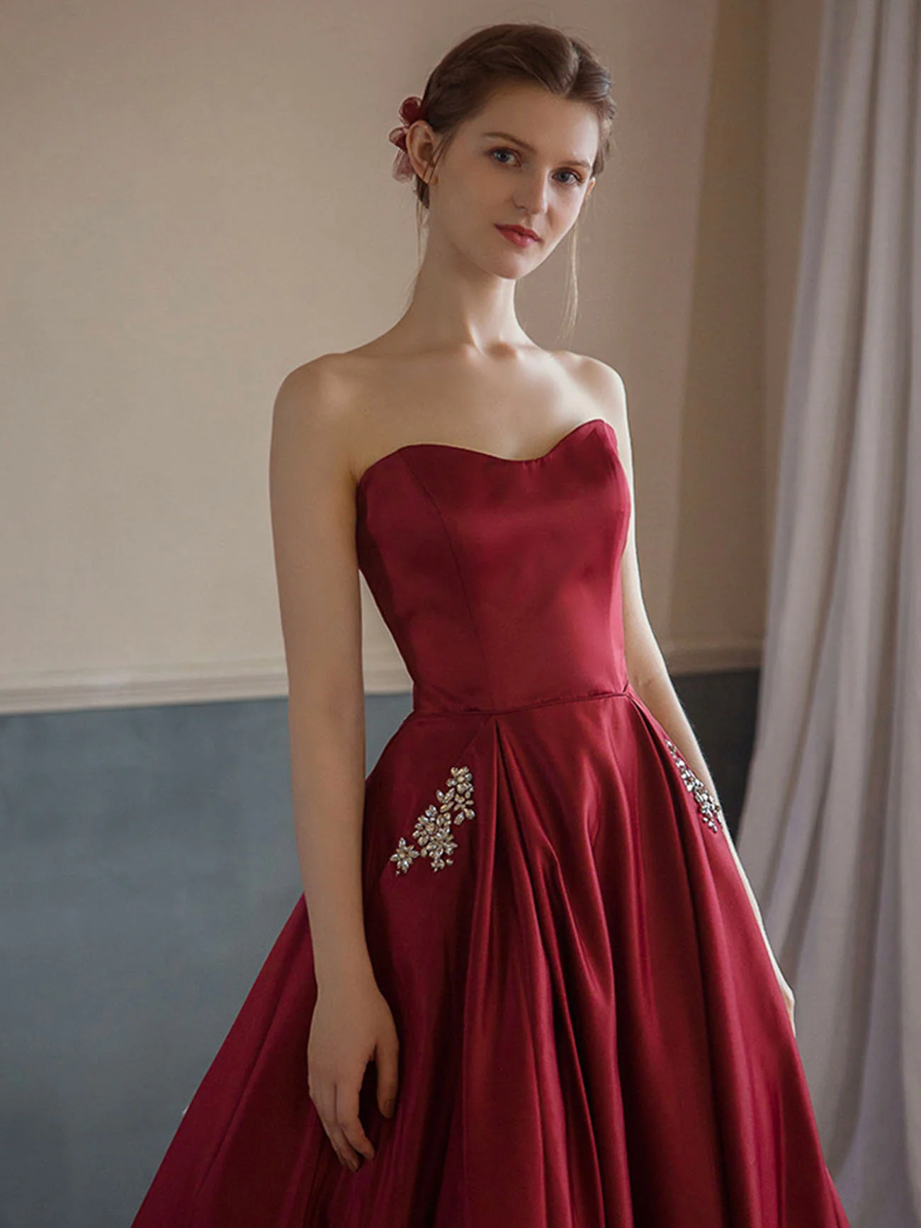 Simple Burgundy Satin Long Prom Dress, Burgundy Formal Graduation Dresses - Deanwangkt