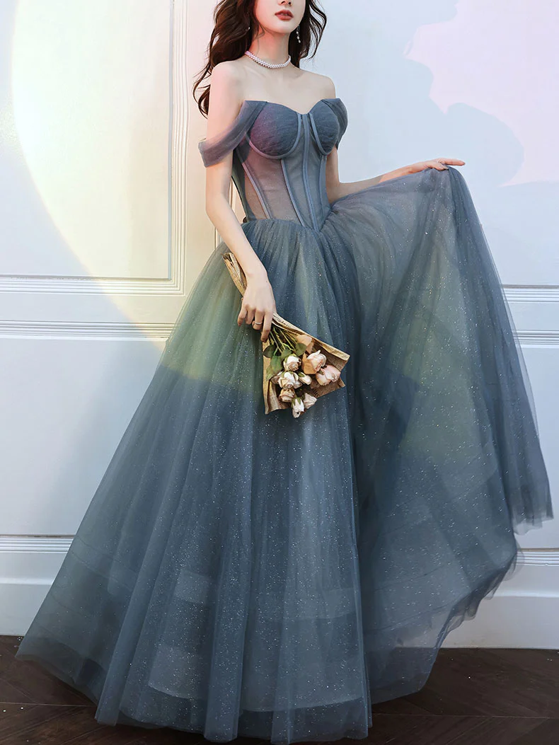 A-line Sweetheart Neck Gray Blue Tulle Long Prom Dress Blue Evening Dress - Deanwangkt