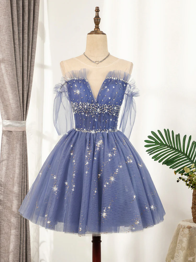 Blue Tulle Sequin Short Prom Dress, Puffy Blue Homecoming Dress - Deanwangkt