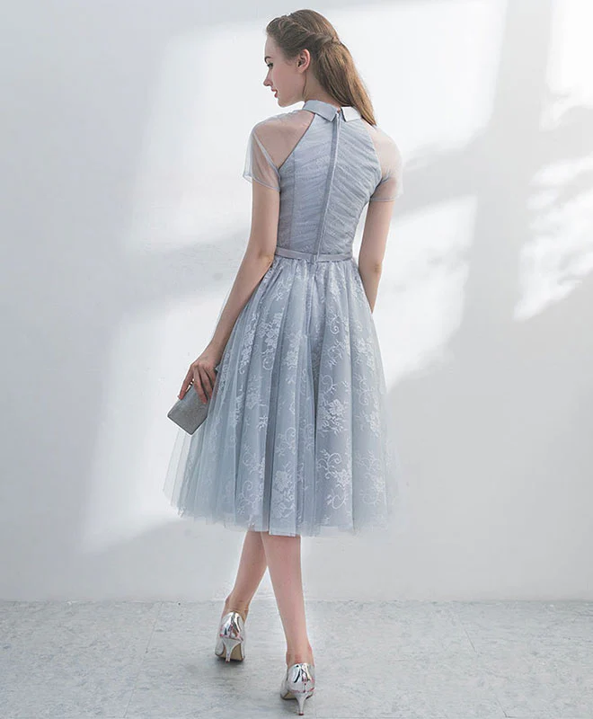 Unique Gray Tulle Lace Short Prom Dress, Gray Homecoming Dress - Deanwangkt