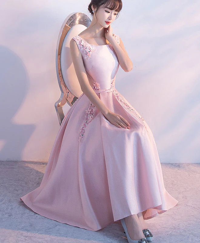 Pink Satin Lace Tea Length Prom Dress, Pink Evening Dress - Deanwangkt