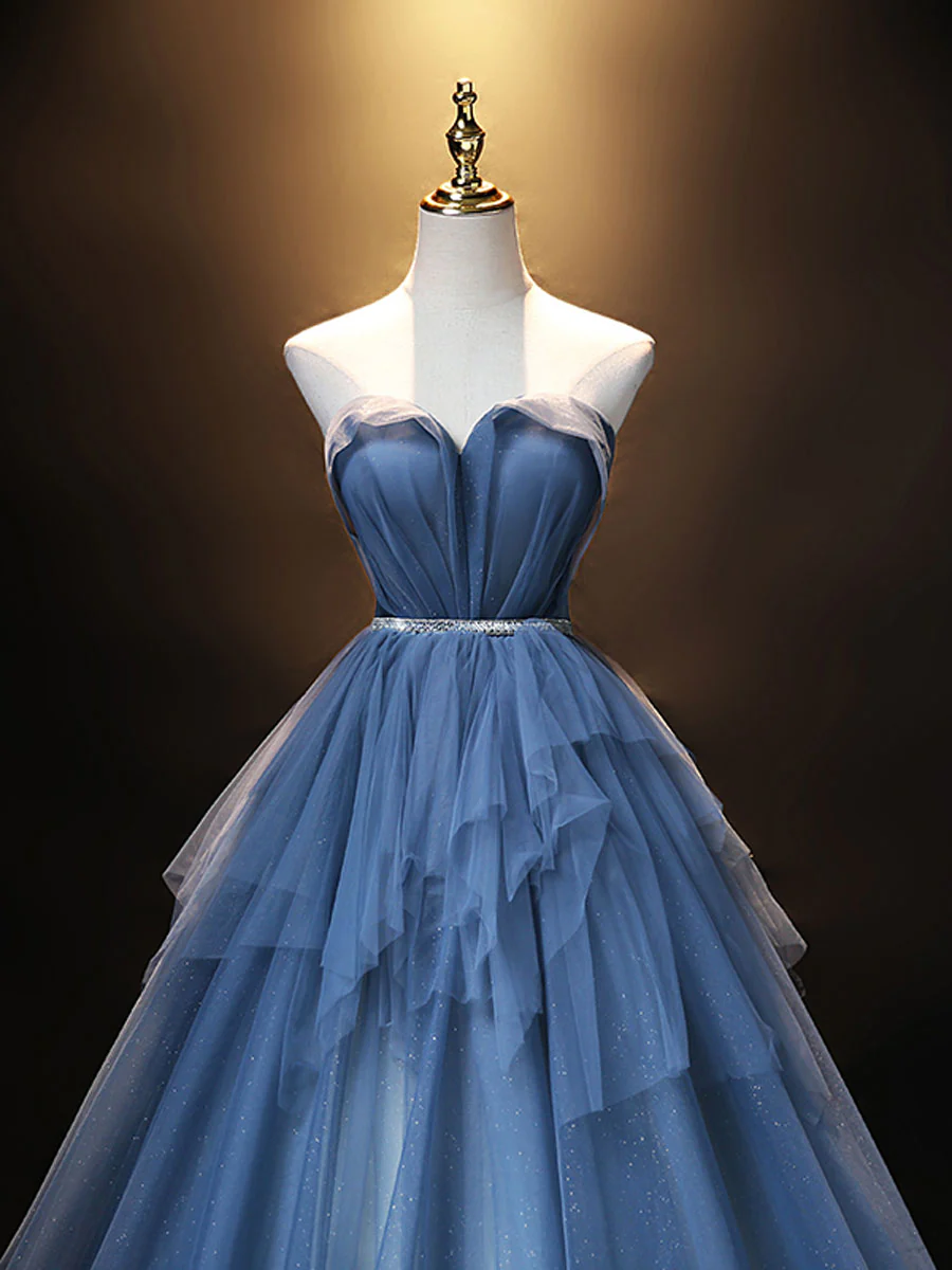 Blue Sweetheart Neck Tulle Long Prom Dress Blue evening dress - Deanwangkt