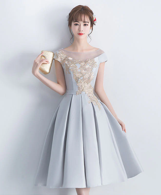 Gray Satin Lace Short Prom Dress, Gray Bridesmaid Dress - Deanwangkt