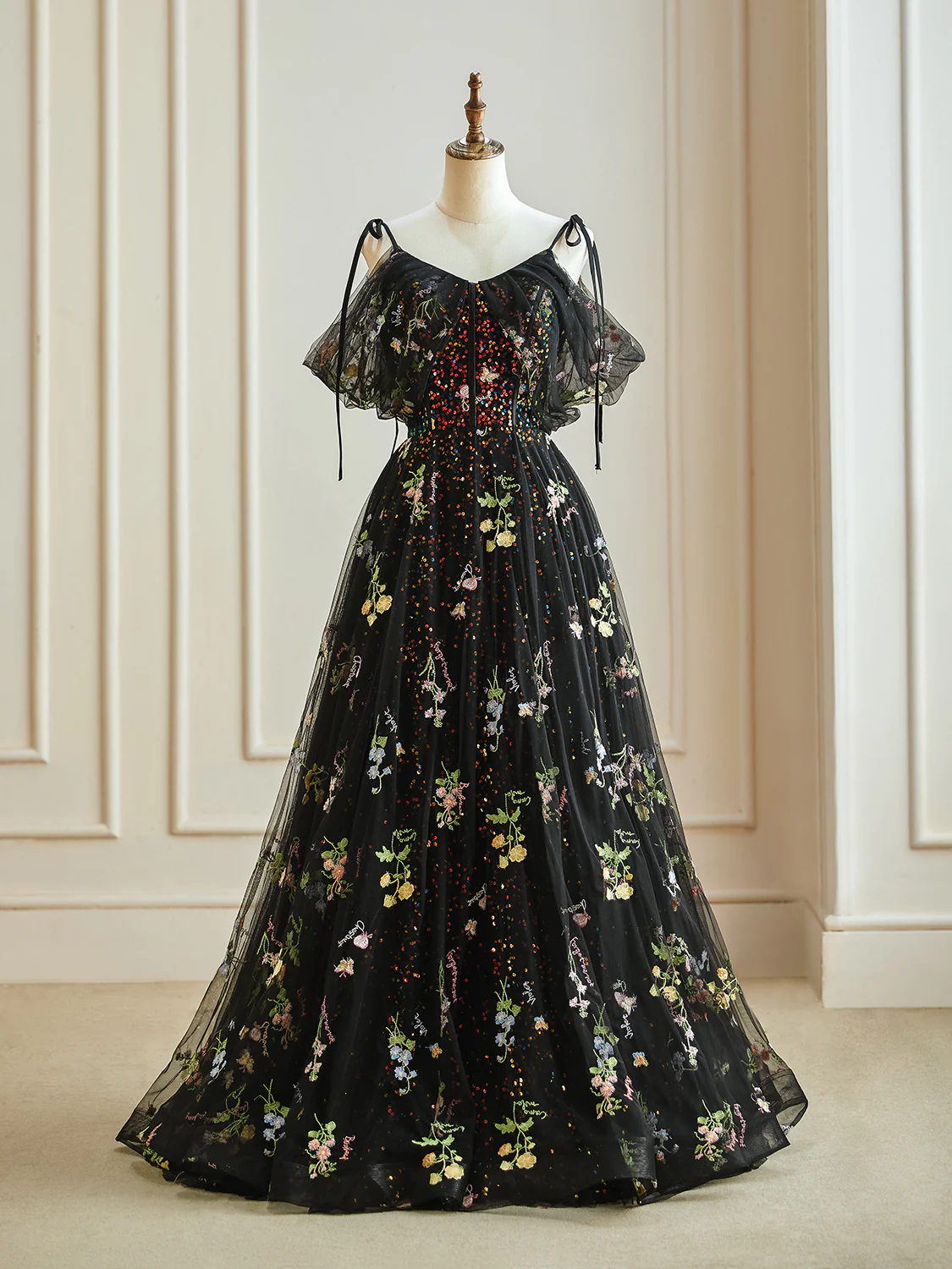 A-Line Off Shoulder Tulle Lace Black Long Prom Dress, Black Formal Dress - Deanwangkt