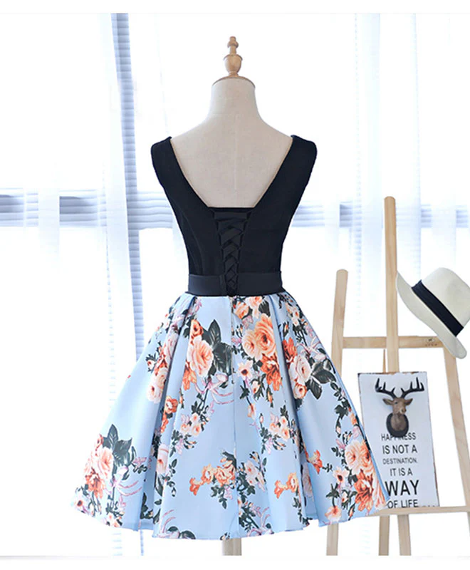 Cute V Neck Floral Pattern Short Prom Dress, Homecoming Dress - Deanwangkt