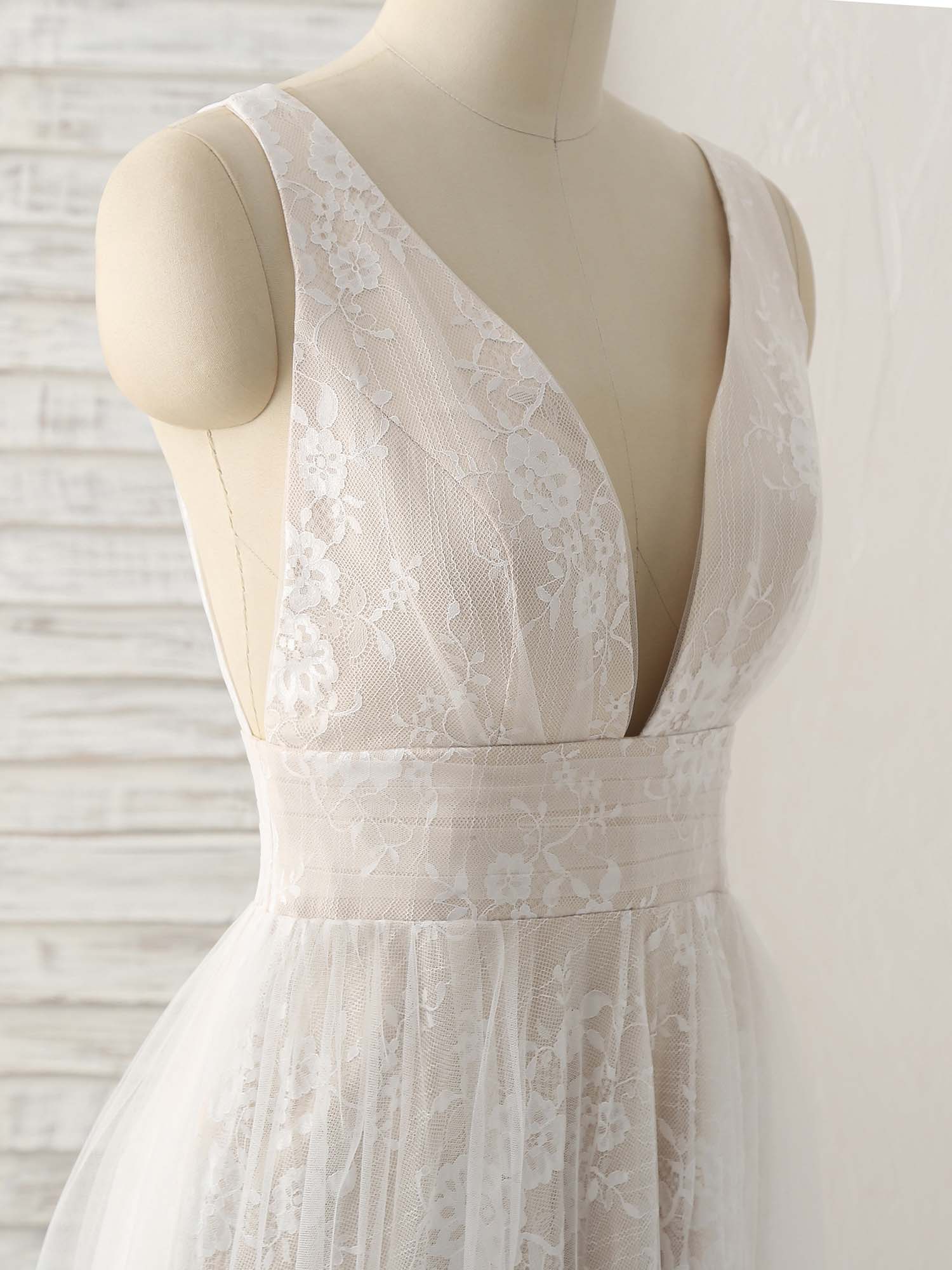 White V Neck Lace Long Prom Dress Backless Lace Evening Dress - Deanwangkt