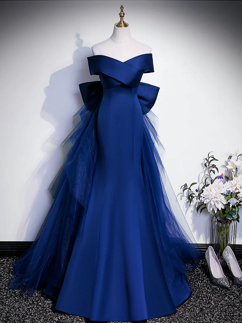 Royal Blue Mermaid Satin Long Prom Dress, Off Shoulder Blue Evening Dress - Deanwangkt
