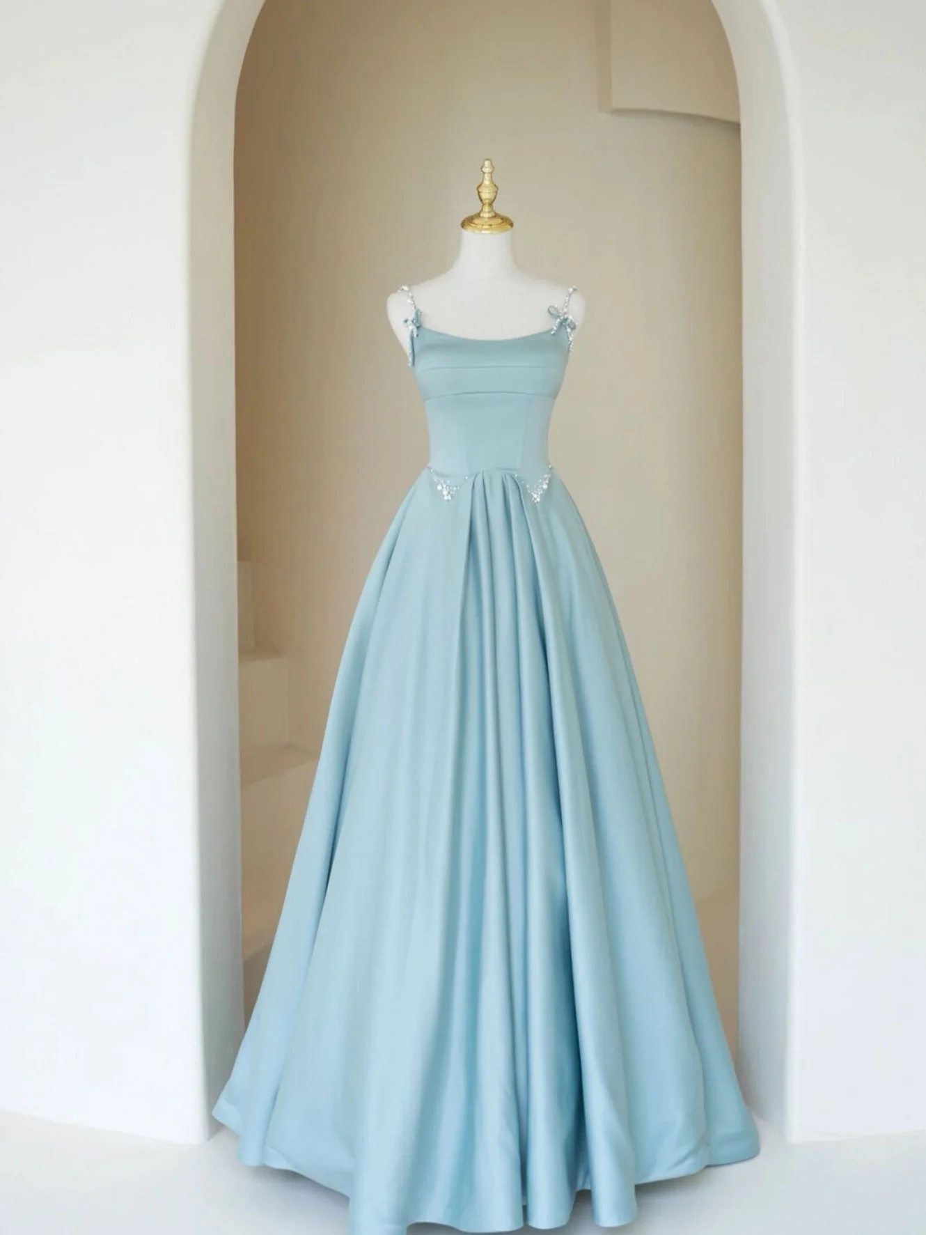 Simple A Line Satin Long Prom Dress, Blue Long Bridesmaid Dress - Deanwangkt