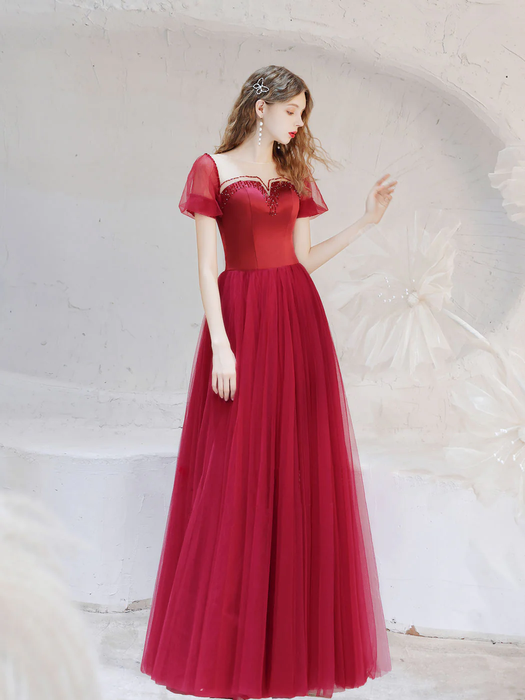 A-Line Burgundy Long Prom Dresses, Tulle Burgundy Evening Dresses with Beading - Deanwangkt