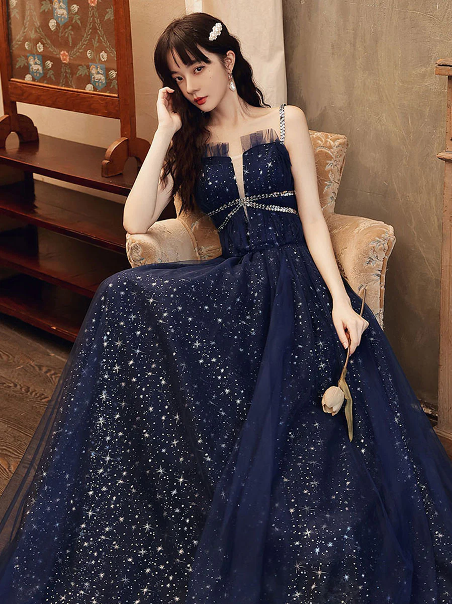 Blue Tulle A line Sequin Long Prom Dress, Blue Tulle Formal Dress - Deanwangkt