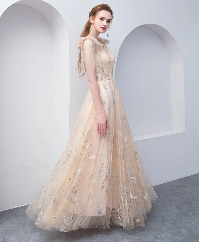 Champagne Tulle Long Prom Dress, Champagne Evening Dress - Deanwangkt