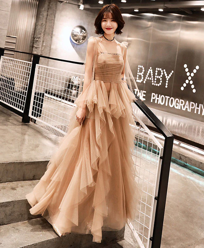 Champagne Tulle Long Prom Dress, Champagne Evening Dress - Deanwangkt