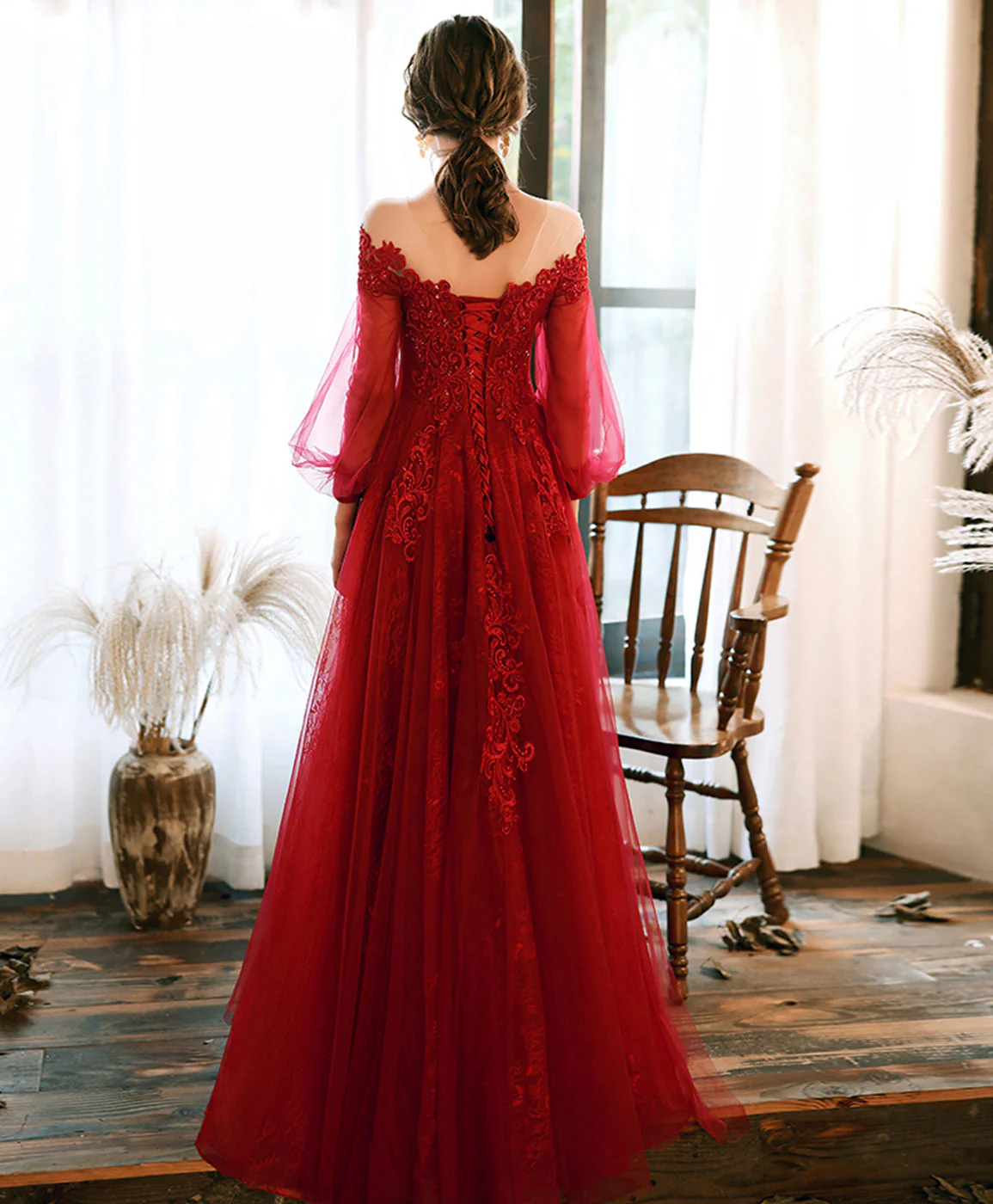 Burgundy Round Neck Tulle Beads Long Prom Dress Burgundy Evening Dress - Deanwangkt