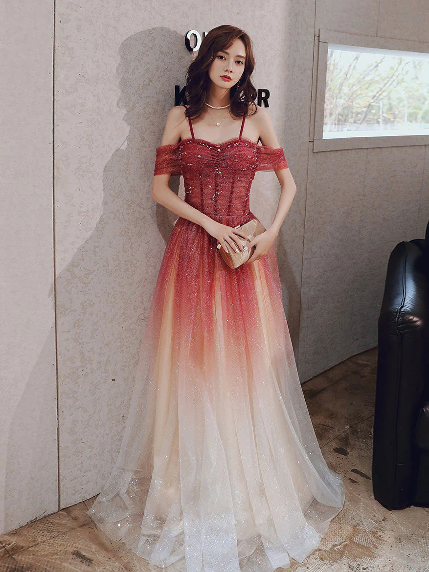 A line Sweetheart Neck Tulle Long Prom Dress Burgundy Off Shoulder Evening Dress - Deanwangkt