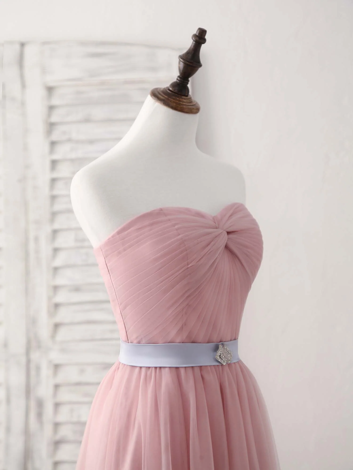 Pink Sweetheart Neck Tulle Long Prom Dress, Aline Pink Bridesmaid Dress - Deanwangkt
