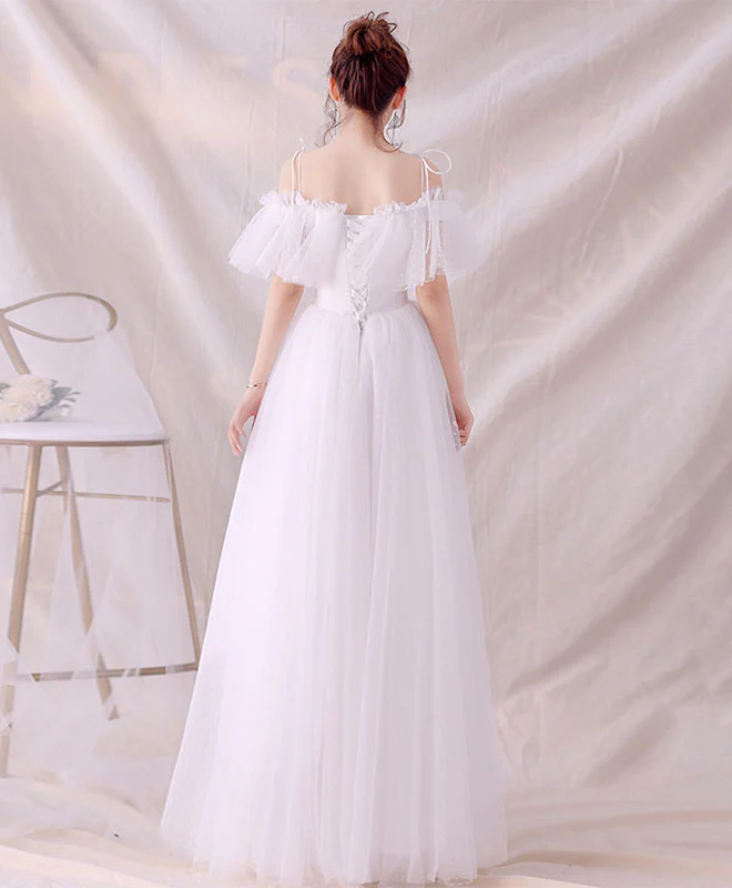 White Tulle Long Prom Dress, White Tulle Lace Evening Dress - Deanwangkt