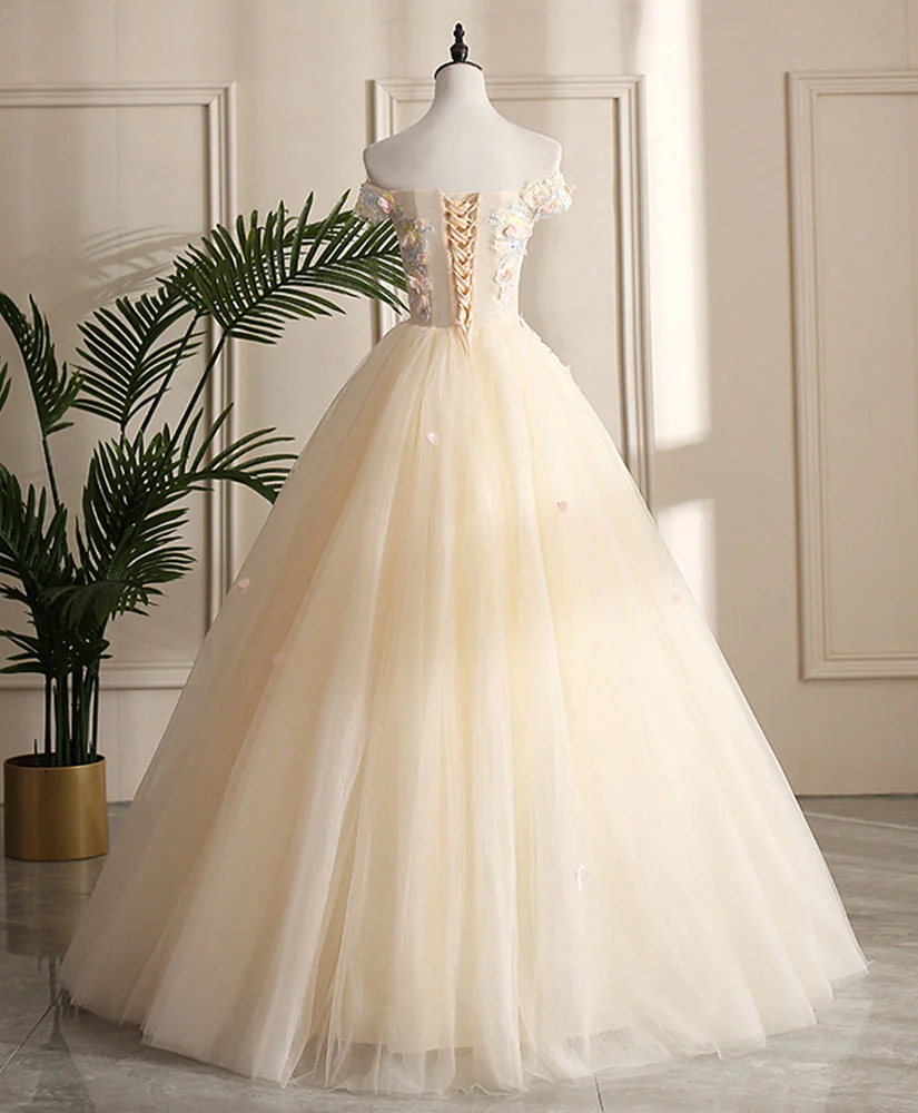 Champagne Tulle Off Shoulder Lace Long Prom Dress ,Sweet 16 Dress - Deanwangkt