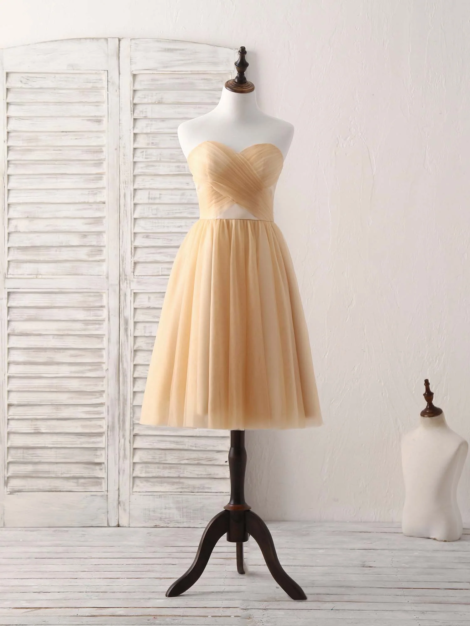 Simple Tulle Champagne Short Prom Dress Tulle Bridesmaid Dress - Deanwangkt