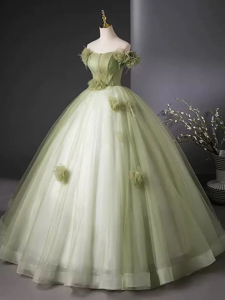 A-Line Off Shoulder Tulle Green Long Prom Dress, Green Long Evening Dress - Deanwangkt