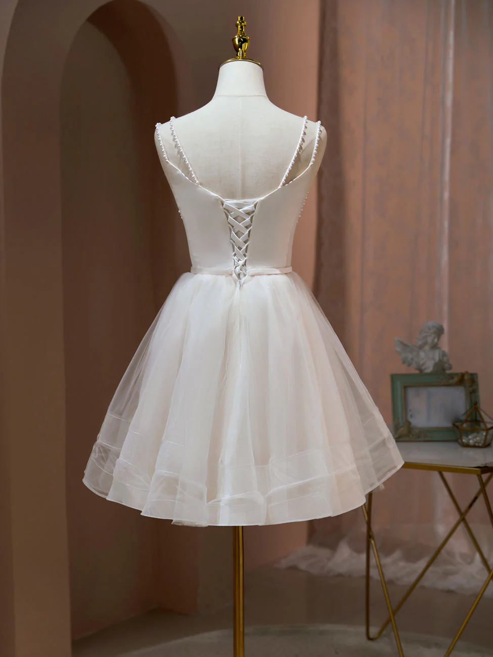 A Line v neck tulle Short Beige Prom Dresses, Cute Puffy Beige Homecoming Dresses With Beading - Deanwangkt