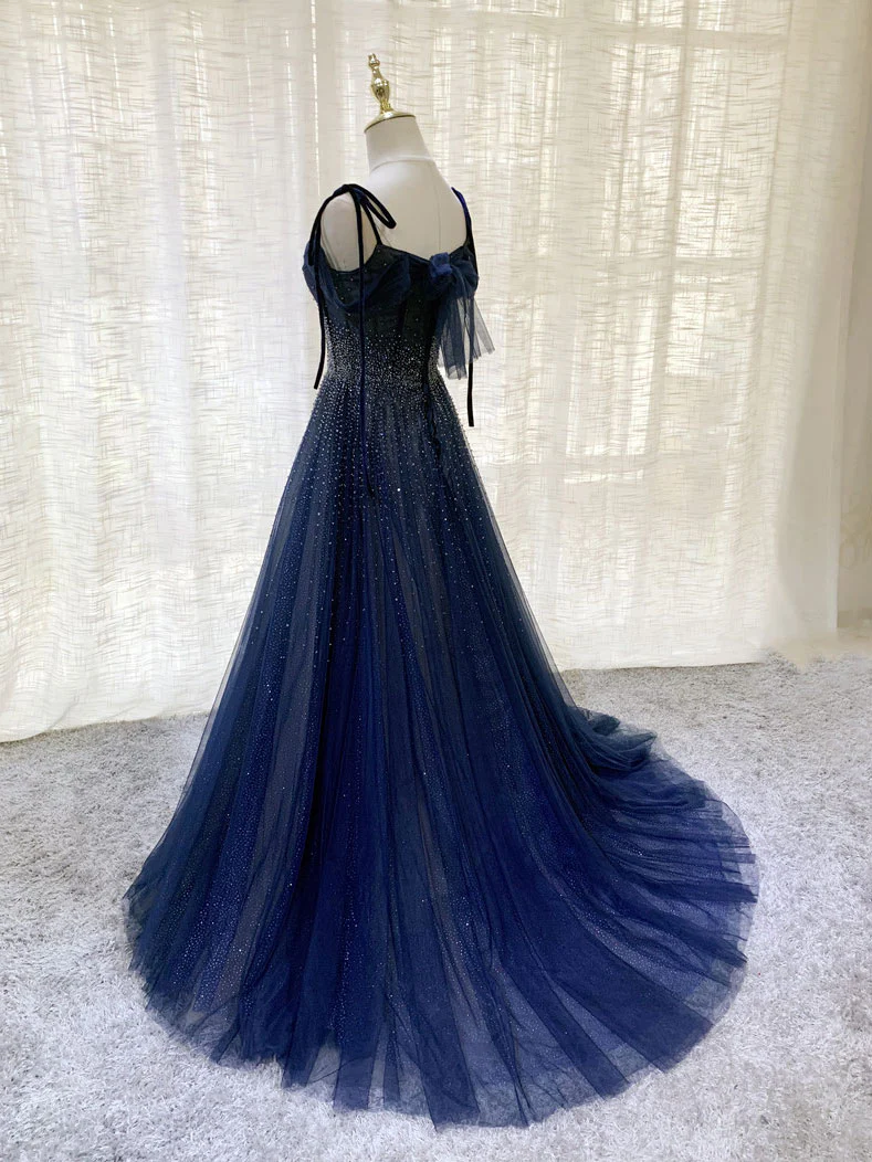 Dark Blue Tulle Sequin Long Prom Dress, Blue Tulle Formal Dress - Deanwangkt