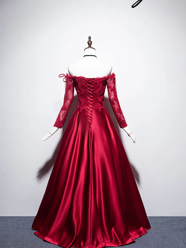 Burgundy Sweetheart Lace Satin Long Prom Dress Burgundy Evening Dress - Deanwangkt