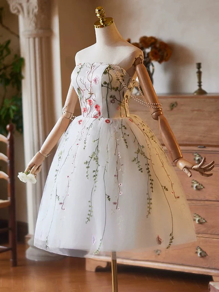 White Tulle Lace Short Prom Dress, White Homecoming Dress with Beads - Deanwangkt
