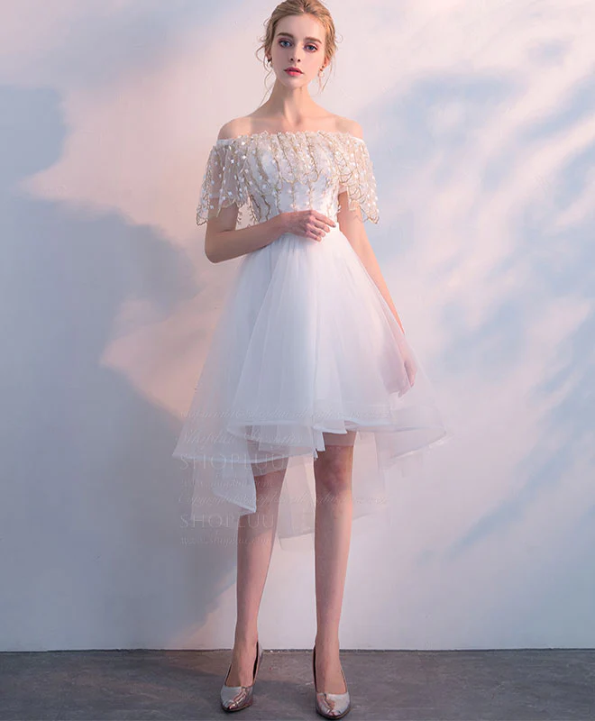 White Tulle Lace Short Prom Dress, White Homecoming Dress - Deanwangkt