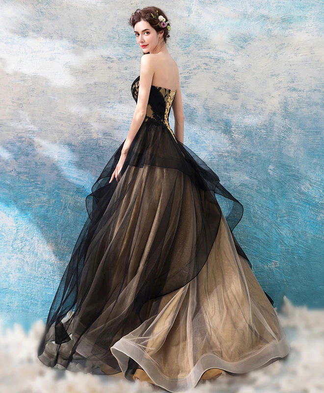 Black Sweetheart Neck Tulle Long Prom Dress, Black Evening Dress - Deanwangkt