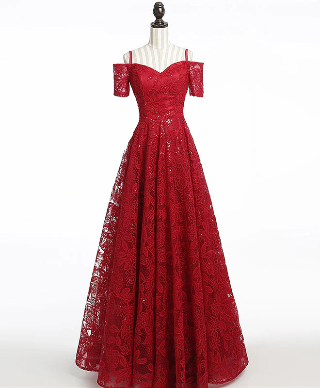 Unique Burgundy Lace Long Prom Dress, Burgundy Evening Dress - Deanwangkt