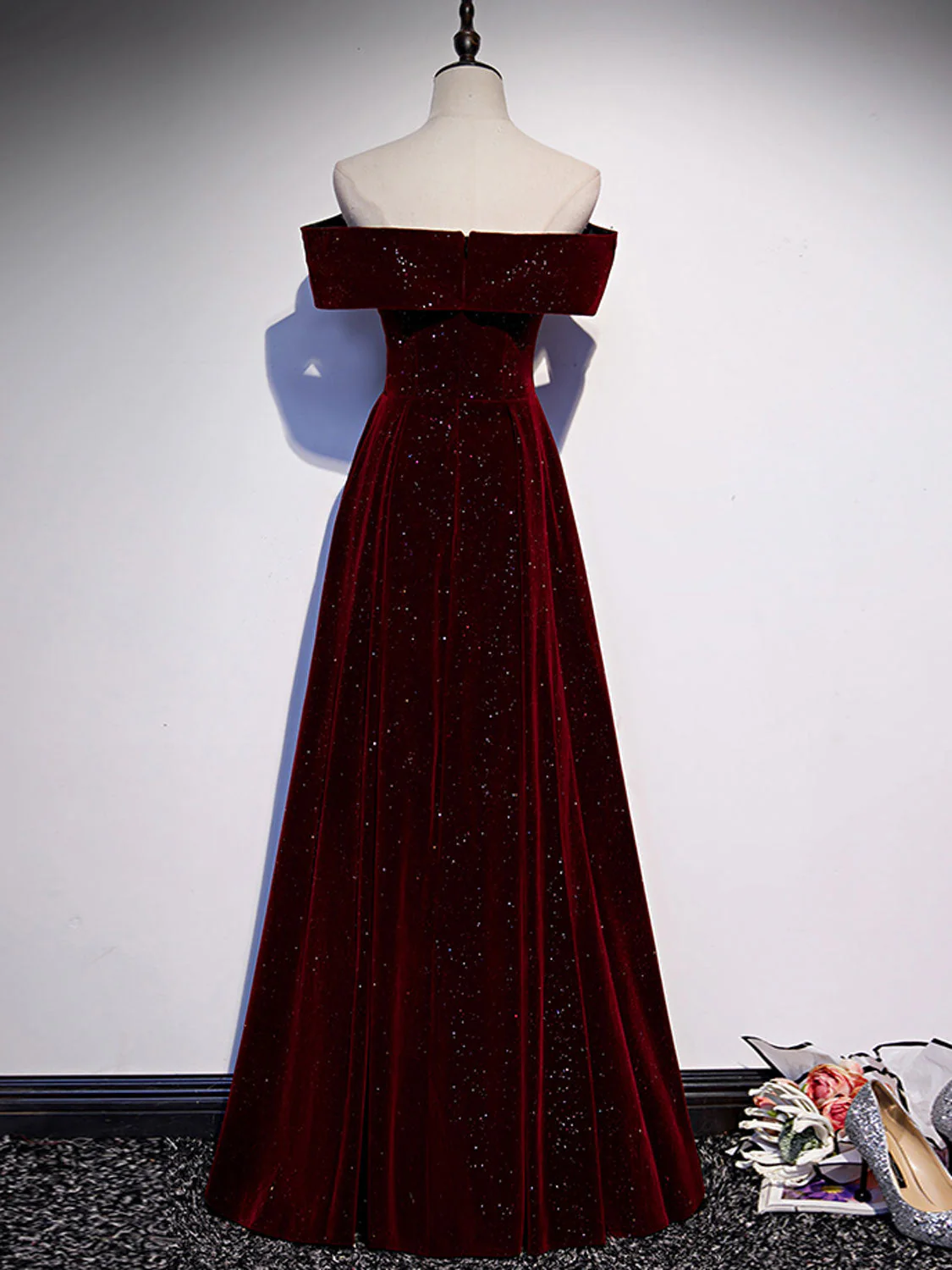 A-Line Off  Shoulder Velvet Burgundy Long Prom Dress, Burgundy Long Formal Dress - Deanwangkt