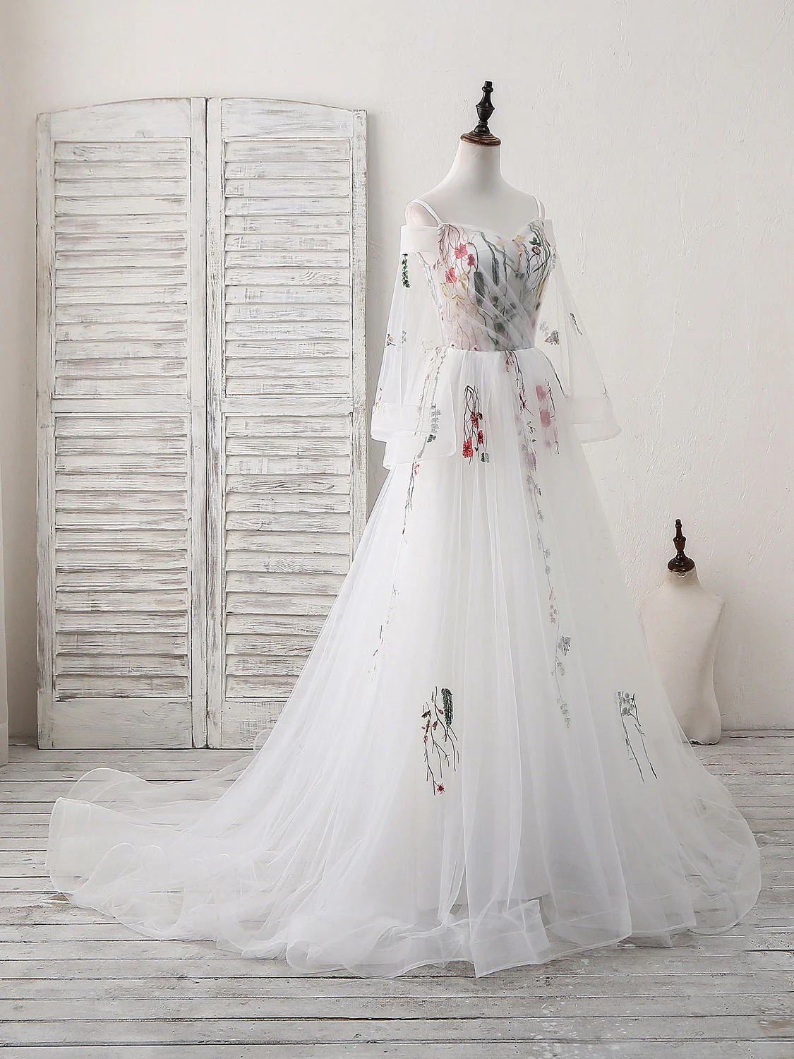 White Sweetheart Tulle Applique Long Prom Dress, White Evening Dress - Deanwangkt