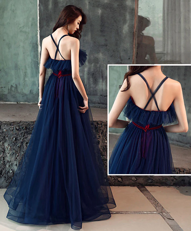 Dark Blue Tulle Long Prom Dress, Dark Blue Tulle Evening Dress - Deanwangkt