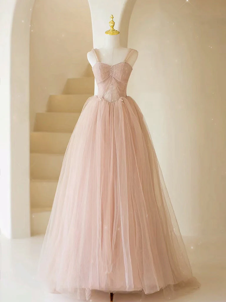 A-Line Sweetheart Neck Tulle Lace Long Pink Prom Dress, Pink Party Dress with Beads - Deanwangkt