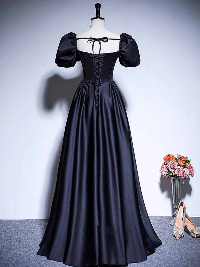 A-Line Satin Puff Sleeves Black Long Prom Dress, Black Long Evening Dress - Deanwangkt