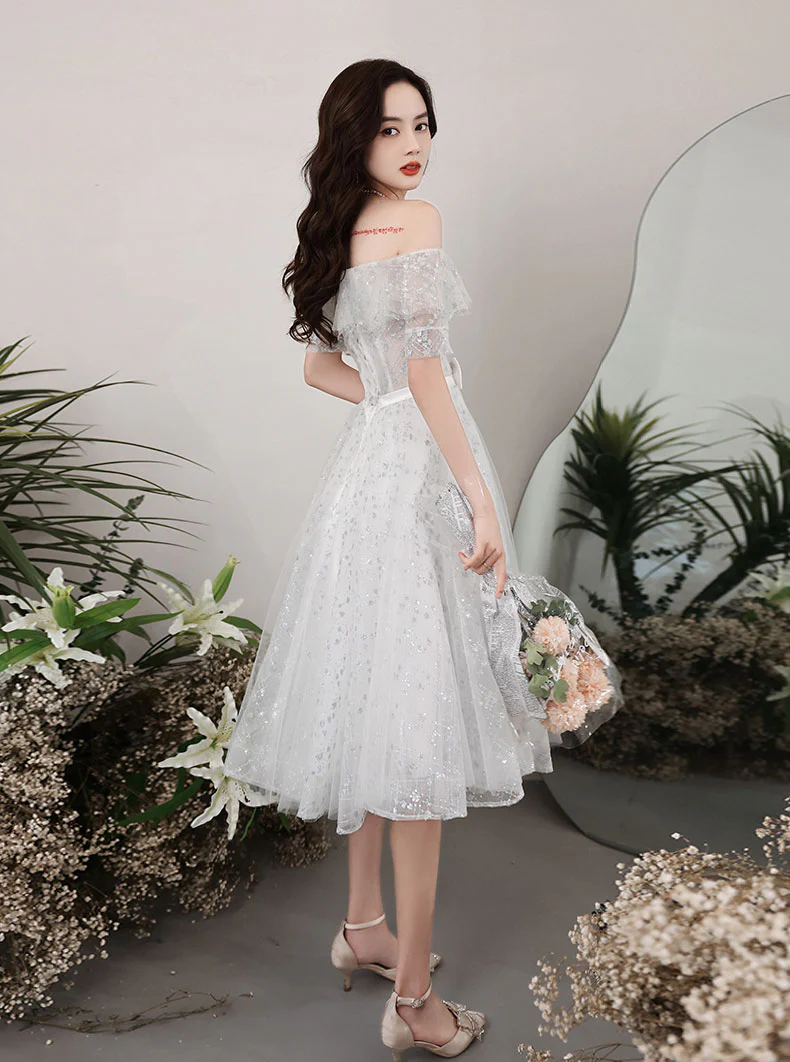 Gray White Lace Short Prom Dress White Tulle Lace Homecoming Dress - Deanwangkt