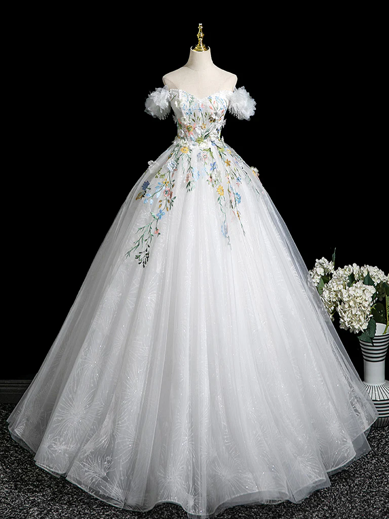 A-Line Tulle Lace White Long Prom Dress, White Long Evening Dress - Deanwangkt